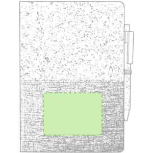 A textured notepad with a grey and white cover, featuring a green highlighted area and an attached pen.
