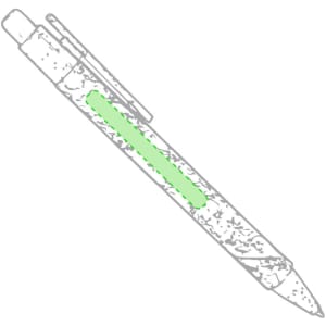 A green pen with a clear body featuring a visible ink cartridge and a clip for easy attachment.