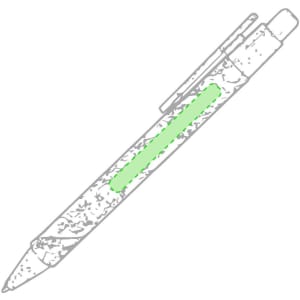 A grey pen with a green highlight and a clip, featuring a textured barrel design.