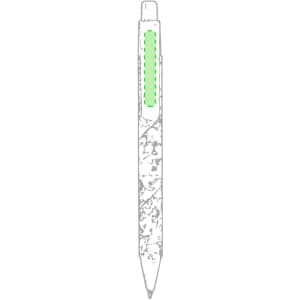 A pen featuring a marbled design in white and grey with a green accent. It has a clip at the top and a writing tip.
