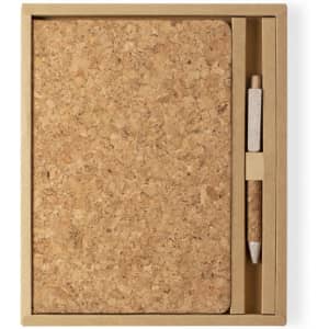 A cork notebook with a matching pen, presented in a stylish tan box. The set is perfect for office and business use.