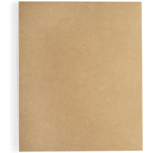 A brown notebook with a plain cover, featuring a logo in the corner.
