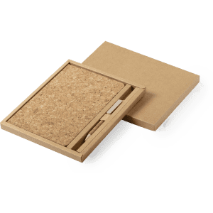 A cork notebook with a matching pen, packaged in a brown cardboard box. The design is simple and eco-friendly.