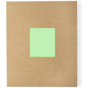 A brown notebook with a green square design on the cover, featuring stitched edges.