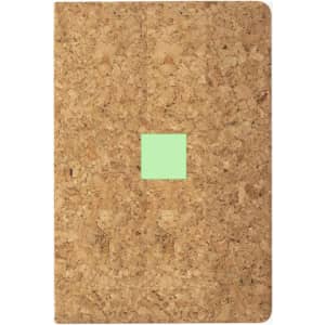 A cork notebook with a green square badge on the front cover, featuring a simple and natural design.