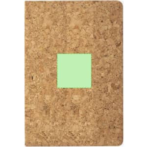 A cork notebook with a green square on the cover. It features a simple, natural design and a branding logo.