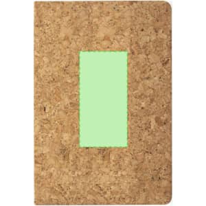 A cork notebook with a green rectangular front panel and a subtle logo. The cover has a natural textured finish.