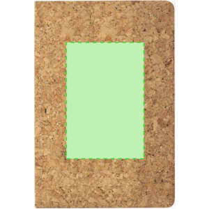A cork notebook featuring a green section on the front, with a simple design and rounded corners.