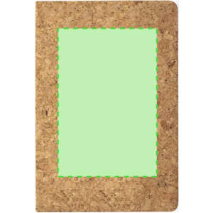 A cork-covered notebook with a green centre panel, featuring a logo on the cover.