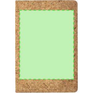 A cork notebook with a green blank section on the front and a stitched outline design. It features a logo on the cover.