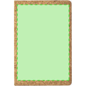 A green notebook with a cork outer cover and a stitched edge, featuring a blank front.
