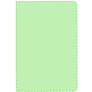 A green notebook with a stitched outline, featuring a simple design. It includes a logo on its cover.