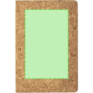 A cork-covered notebook with a green insert and a branding logo on the front.