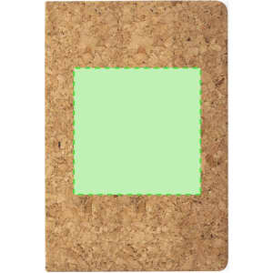 A cork notebook with a textured cover and a green square design in the centre. Features a simple branding logo.