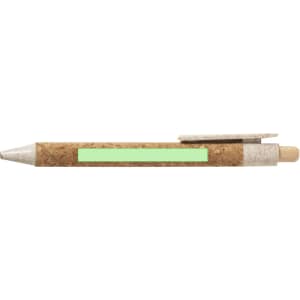 A cork pen with a silver clip and a mint green accent stripe. It features a logo on the barrel.