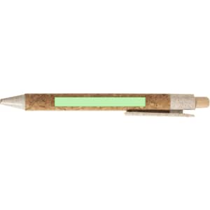A pen with a cork body and silver accents, featuring a clip and an area for branding.