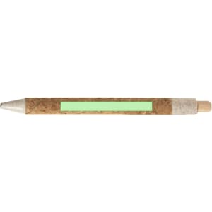 A pencil featuring a cork body with a green band and a metallic silver tip. It also has a natural wood finish on the end.