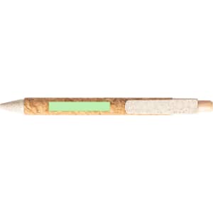 A notepad with a cork and white textured design, featuring a green accent and a logo.