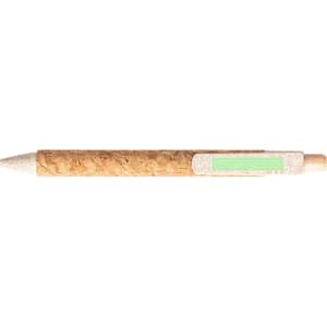 A pen with a cork body and white details, featuring a branding logo and a green label area.