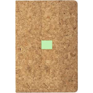 A cork notebook featuring a light green square logo on the front. The cover is textured and natural.