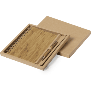 A bamboo notebook with a spiral binding and a pen, presented in a light brown kraft box.