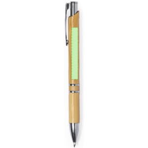A bamboo pen with a silver clip and tip, featuring a blank section for customisation.