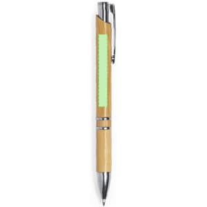 A bamboo pen with chrome accents and a clip, featuring a blank section for branding.