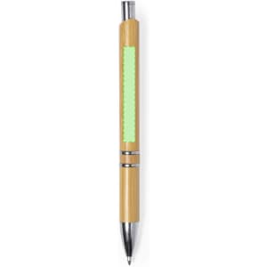 A bamboo pen with a shiny silver clip and a green section for custom branding.