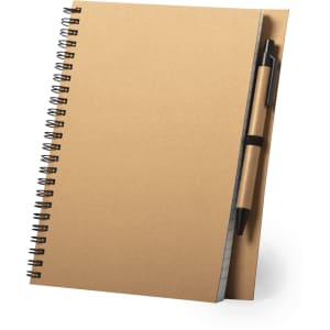 A brown spiral-bound notebook featuring a grid design, accompanied by a pen secured in a built-in holder.