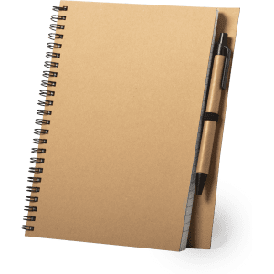 A tan spiral-bound notebook with a black pen attached on the side. The notebook features lined pages.