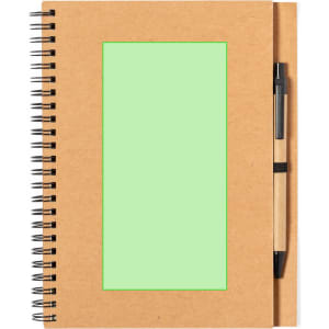A brown spiral-bound notebook with a green blank space on the front and a black pen attached.