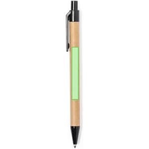 A ballpoint pen with a beige barrel, black clip and tip, featuring a blank green section for custom branding.
