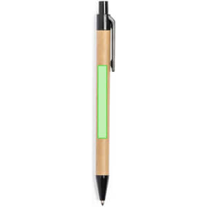 A pen with a wooden barrel, black accents, and a green blank area for customisation.
