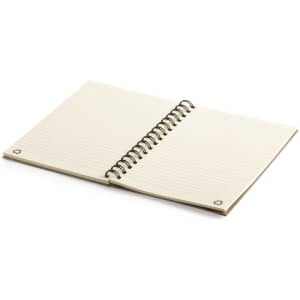 A spiral-bound notebook with cream-coloured pages and a simple floral design in the corners. It has no visible writing.