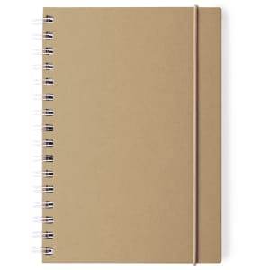 A tan spiral-bound notebook with an elastic strap, featuring a plain cover and a branding logo.