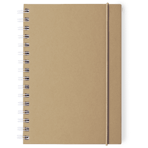 A brown spiral-bound notebook secured with an elastic band, featuring a plain cover.