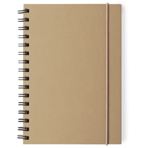 A notebook with a kraft brown cover, spiral binding, and an elastic band closure.
