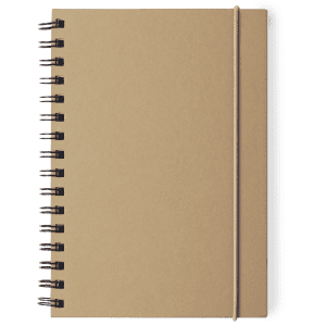A kraft-coloured notebook with a spiral binding and an elastic band closure. It features a simple, minimalistic design.