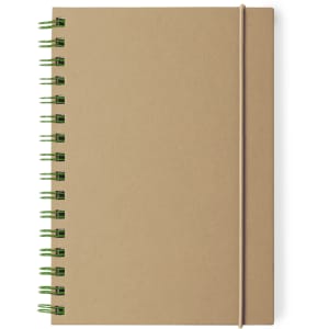 A brown notebook with green spiral binding and a rubber band closure, featuring a blank cover.