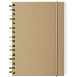 A spiral-bound notebook with a brown cover and green spiral, secured by an elastic band.