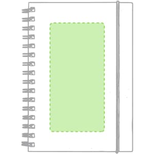 A spiral-bound notebook with a light green cover and a blank space for customisation.