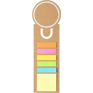 A ruler bookmark in natural brown with colourful sticky notes in pink, green, orange, and yellow. It features a circular cutout at the top.