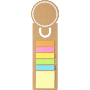 A ruler bookmark featuring a natural brown finish with colourful sticky notes in orange, pink, green, blue, and yellow.