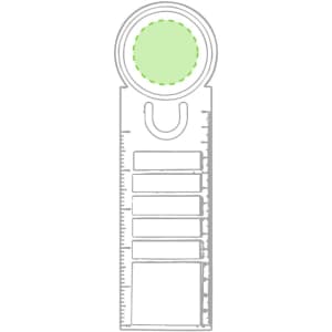 A green ruler bookmark featuring measurement markings and a circular top for easy handling. It has a logo.