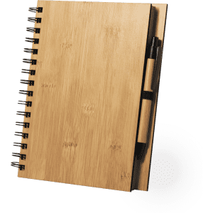 A bamboo notebook with a spiral binding, featuring an attached pen holder and a black pen.