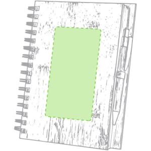 A spiral-bound notebook with a wooden texture cover, featuring a blank rectangular panel for customisation.