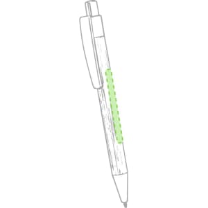 A pen with a clear barrel and green grip, featuring a click mechanism and a fine point tip.