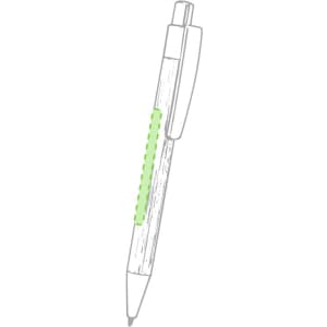 A clear pen with a green grip and clip, featuring a pointed nib for writing.