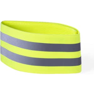 A reflective armband in bright yellow with grey stripes. It features a logo on the material.