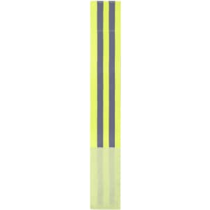 A reflective armband in bright yellow with dark grey stripes, designed as a clothing accessory.